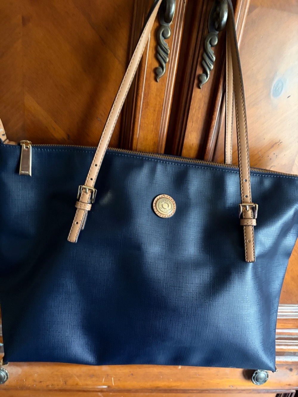 Tommy Hilfiger Navy Tote with Tan Straps and Gold Emblem